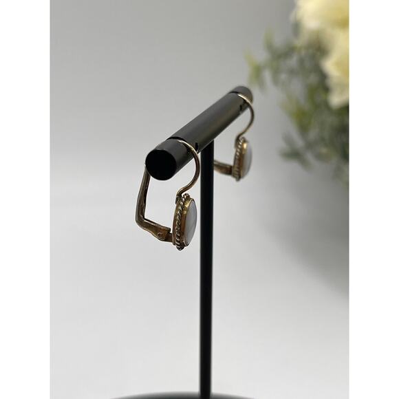 Designer Signed Oval Opal Cabochon Sterling Silver Vermeil Lever back Earrings - Picture 4 of 10